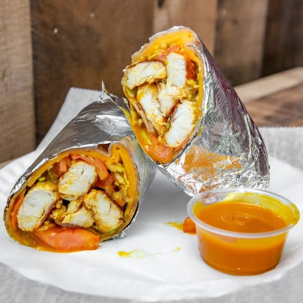 Two chicken wraps with orange sauce and vegetables, partially unwrapped from foil, with a side of dipping sauce.