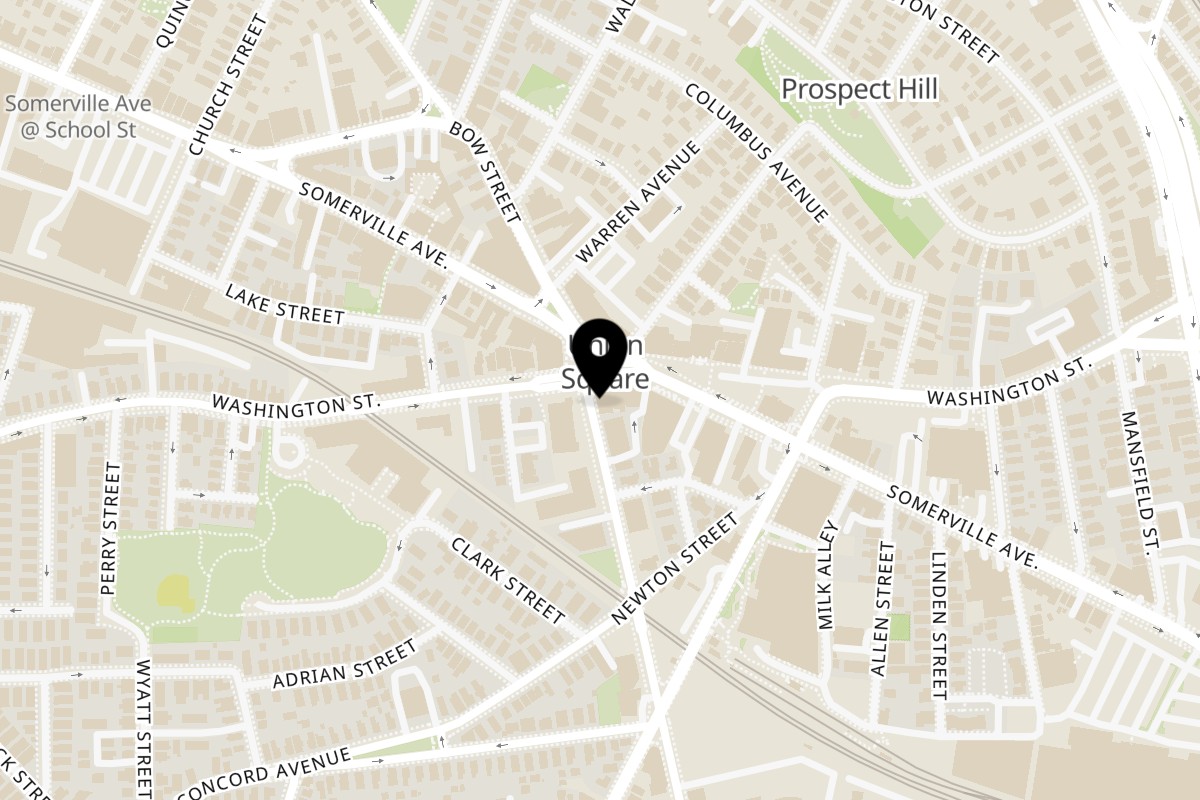 Map showing the location of Mama Gina's Pizzeria on 19 Union Square in Somerville